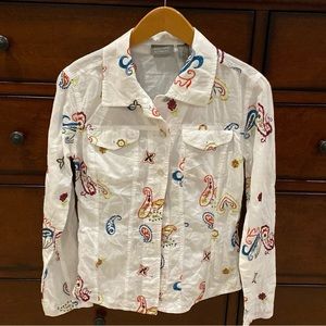 Chico's White With Multicolor Embroidered Paisley Long Slee…